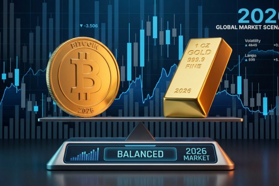 Comparação entre Bitcoin e ouro em uma balança com gráficos de volatilidade ao fundo
