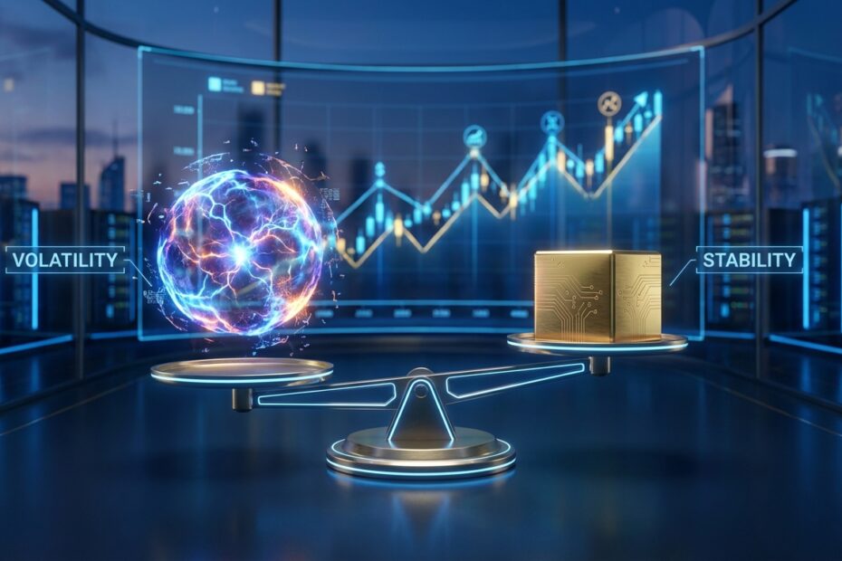 Balança digital equilibrando volatilidade energética e estabilidade sólida no mercado de criptomoedas