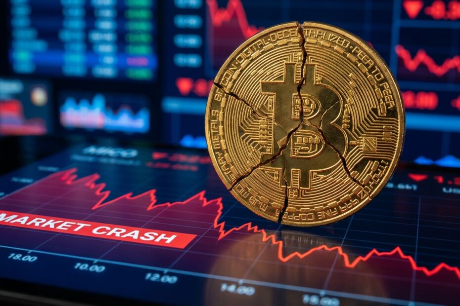 Gráfico financeiro mostrando a volatilidade do Bitcoin e queda de preço em 2026