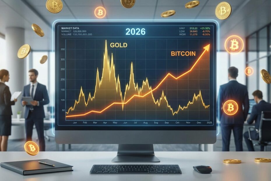 Gráfico financeiro comparando a alta volatilidade do ouro com a estabilidade do Bitcoin em 2026