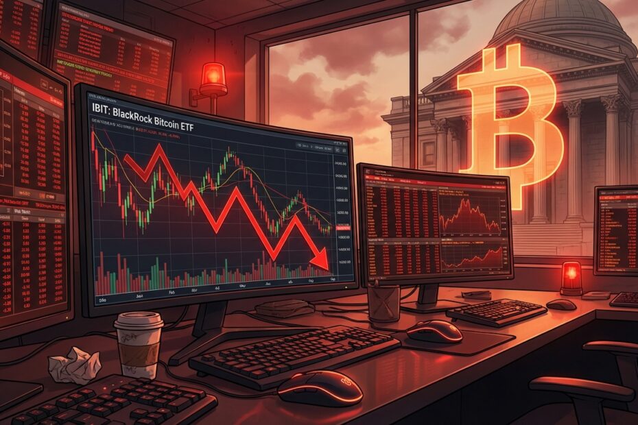 Gráfico financeiro em queda mostrando o volume de negociação do ETF de Bitcoin da BlackRock