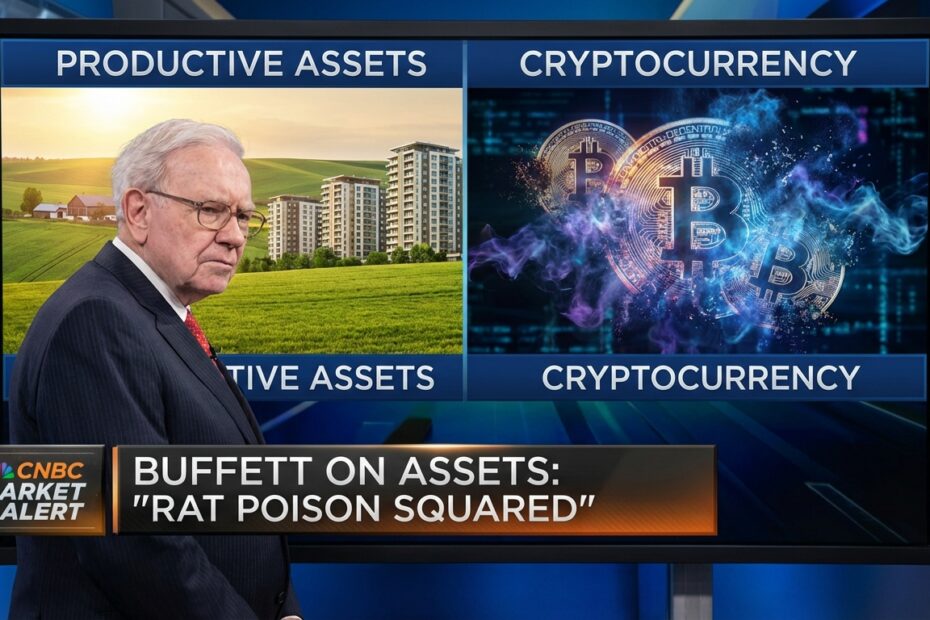 Warren Buffett com expressão cética comparando ativos produtivos e bitcoin