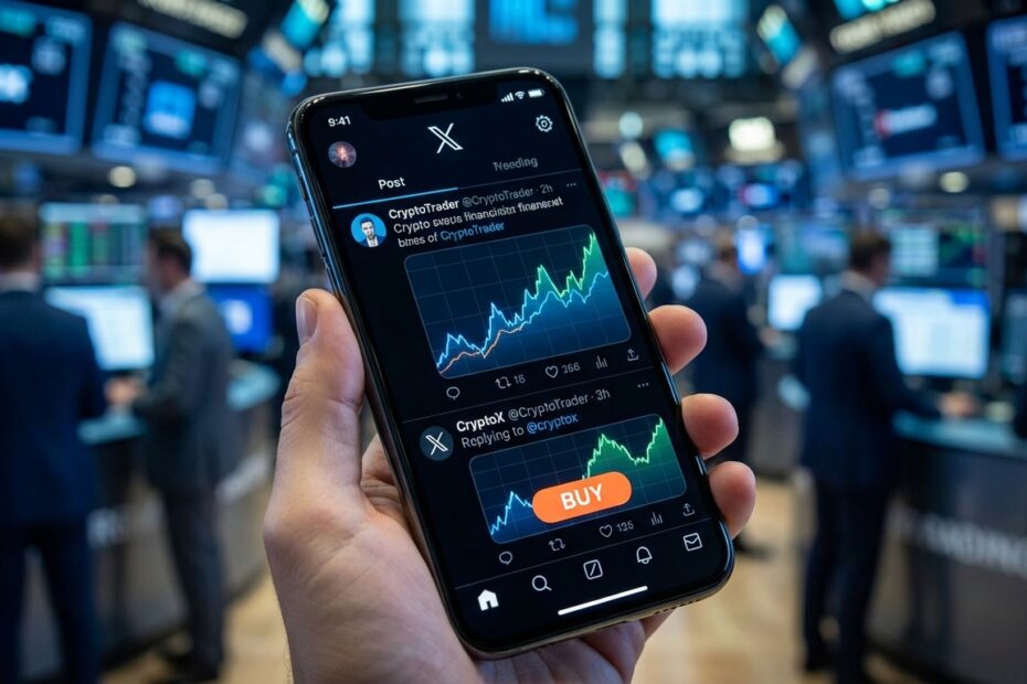Smartphone exibindo interface do aplicativo X com gráficos de ações e botões de negociação financeira