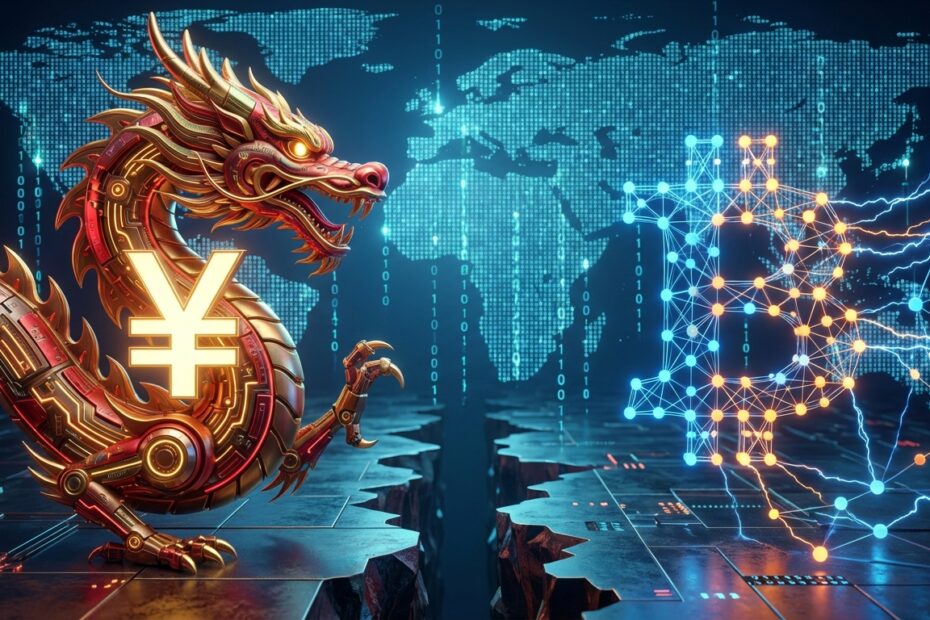 Ilustração conceitual mostrando a disputa entre o Yuan Digital da China e o Bitcoin no cenário financeiro global.