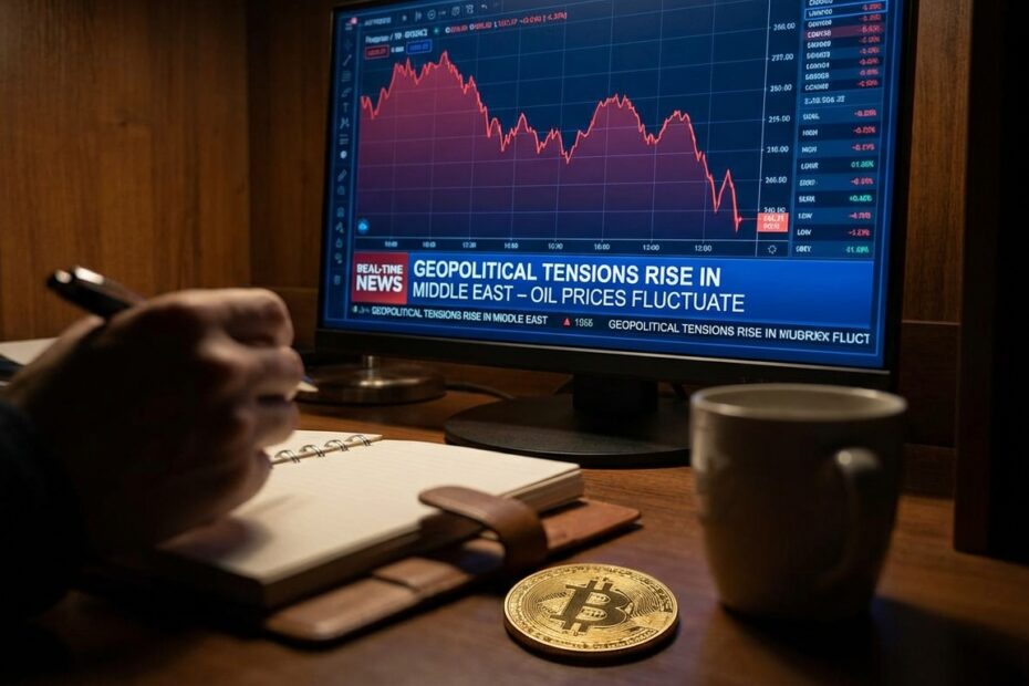 Terminal de trading exibindo gráficos de queda em meio a notícias sobre tensão geopolítica