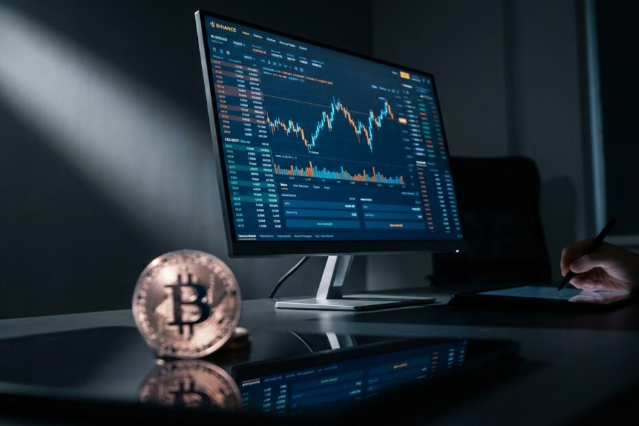 Gráficos de análise financeira digital em monitor com representação de criptomoeda em primeiro plano