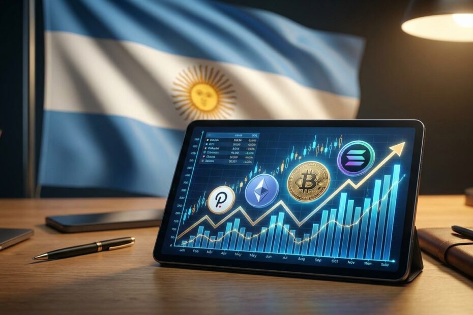 Bandeira da Argentina ao fundo com dispositivo eletrônico exibindo dados de criptomoedas em primeiro plano