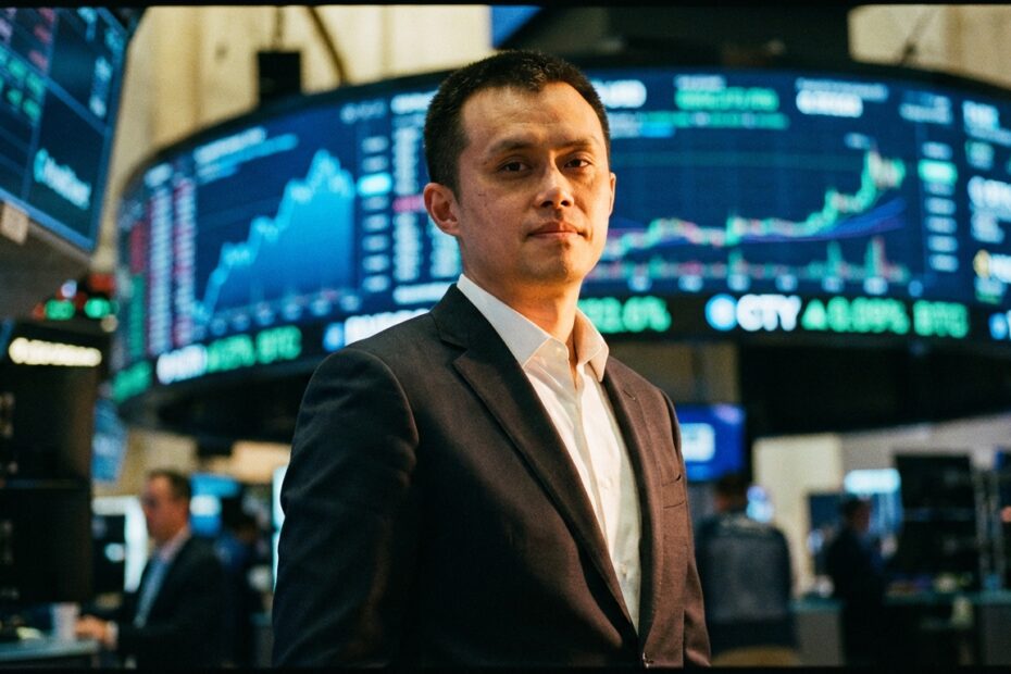 Changpeng Zhao em um ambiente financeiro moderno com gráficos de criptomoedas ao fundo
