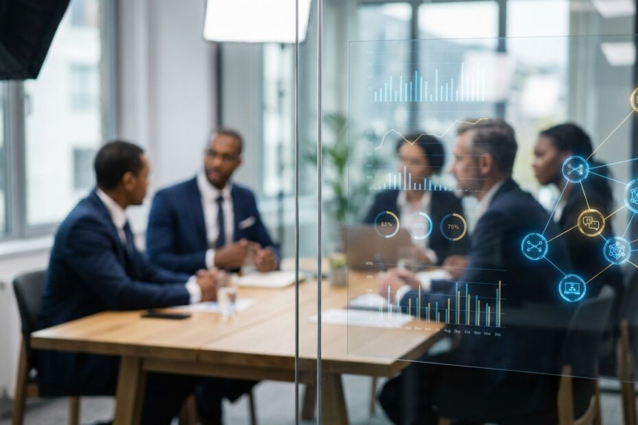 Gráficos de dados financeiros e nós de blockchain iluminados em uma tela transparente com profissionais ao fundo