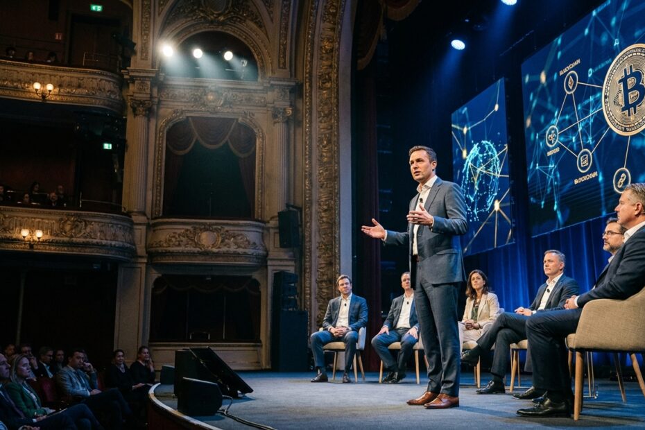 Executivo discursa em palco de teatro durante evento sobre o mercado de ativos digitais