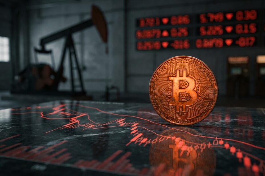 Moeda física de bitcoin sobre fundo escuro com gráficos financeiros vermelhos apontando queda