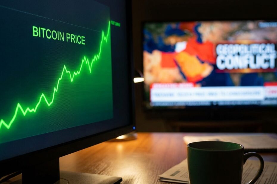 Gráfico de alta do Bitcoin em tela de monitor com fundo desfocado de notícias geopolíticas