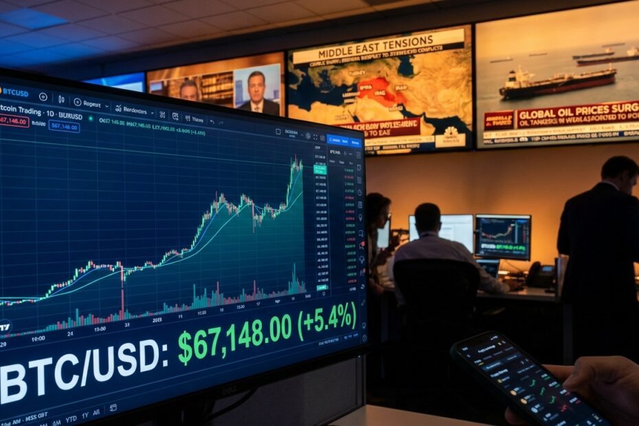 Gráfico de alta do Bitcoin em destaque com telas de notícias sobre conflito no Oriente Médio ao fundo