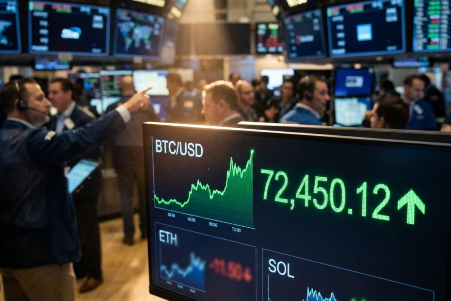 Gráfico digital do Bitcoin ultrapassando 72 mil dólares em tela de mercado financeiro