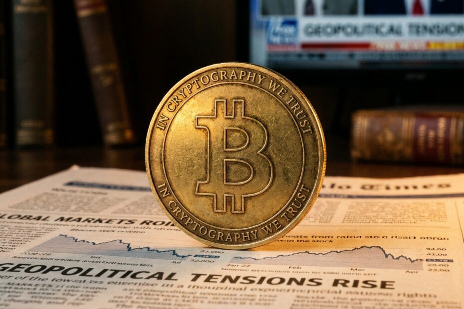 Bitcoin físico sobre jornal financeiro representando alta no mercado