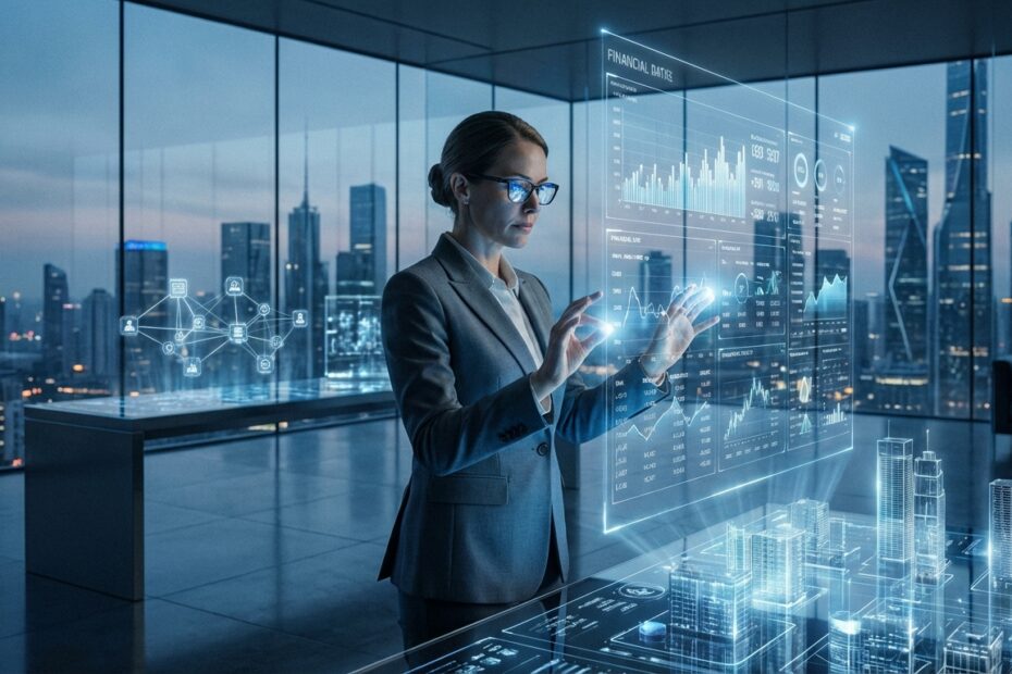Executivo financeiro em ambiente moderno com hologramas representando dados blockchain