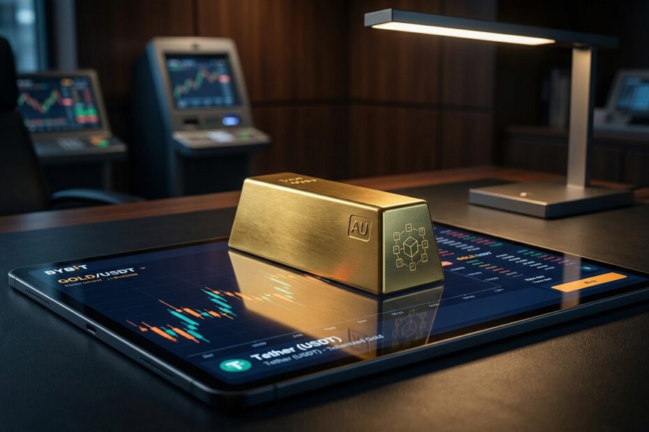 Barra de ouro físico sobre interface digital representando a parceria entre Bybit e Tether para ouro tokenizado