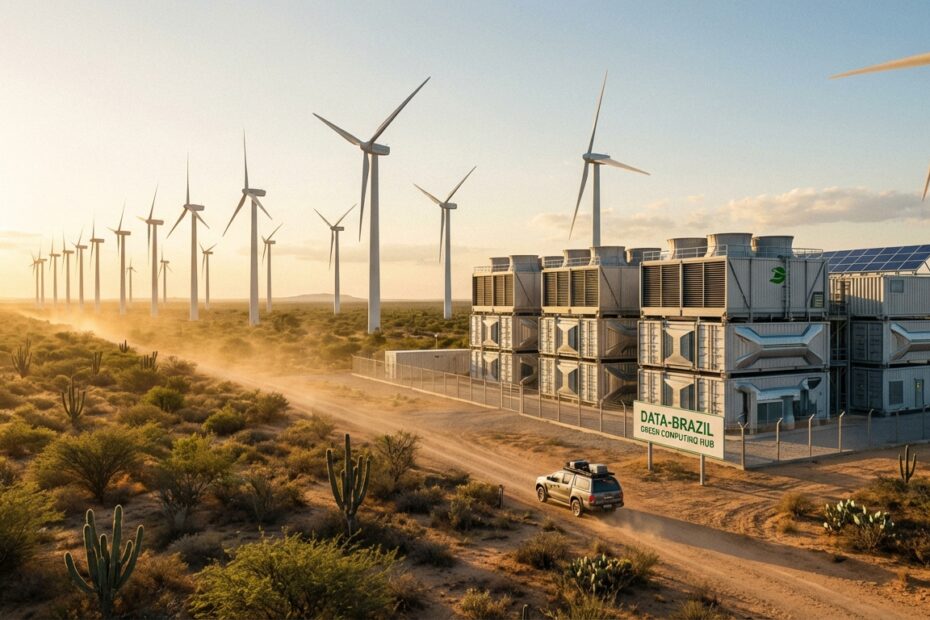 Parque eólico no Nordeste abrigando infraestrutura moderna de data center