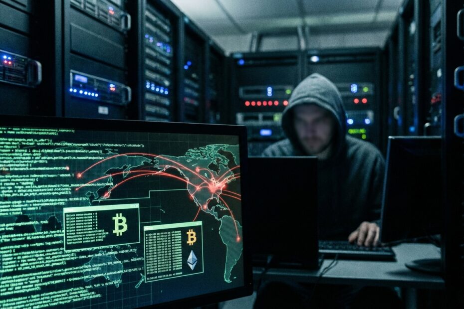 Representação visual de cibersegurança e monitoramento financeiro global com foco em criptomoedas