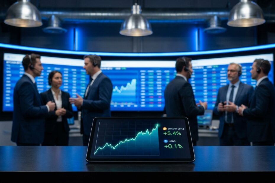 Gráficos financeiros e símbolos de criptomoedas exibidos em tela digital em ambiente corporativo.