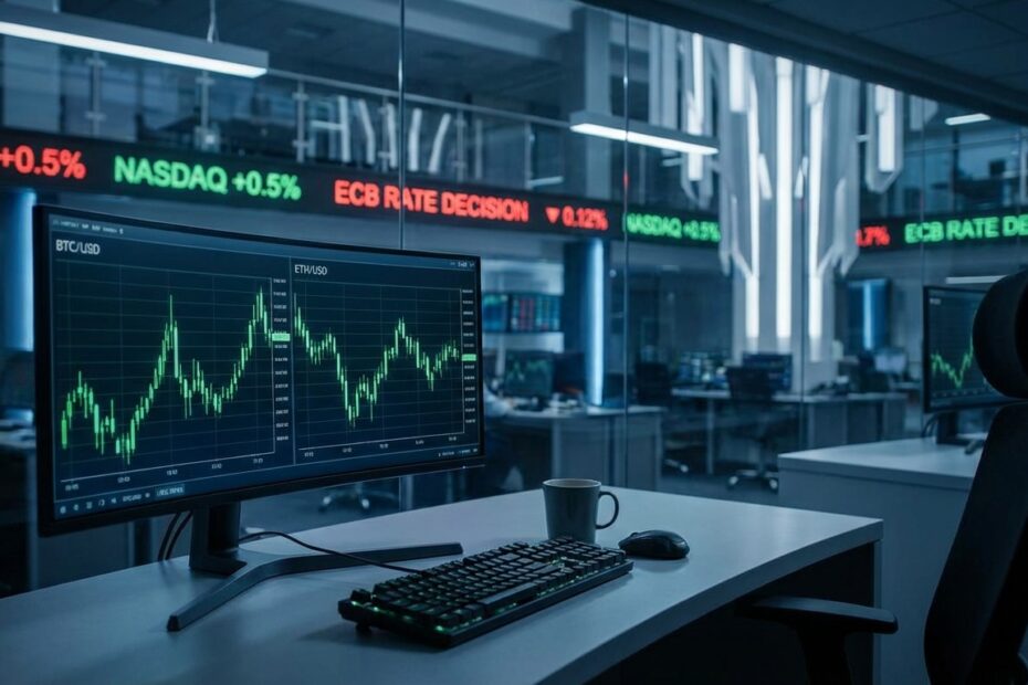 Monitor exibindo gráficos de alta de criptomoedas em um ambiente financeiro profissional