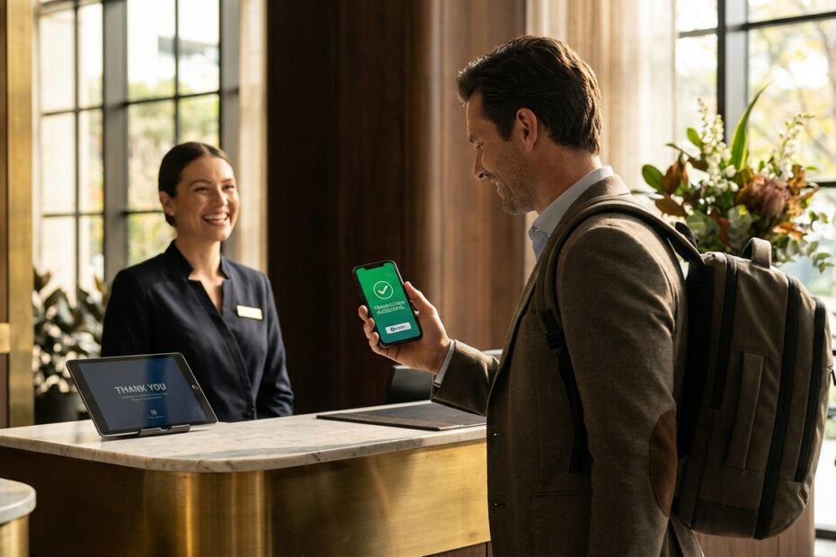 Viajante realiza pagamento com criptomoeda através de smartphone no balcão de recepção de um hotel