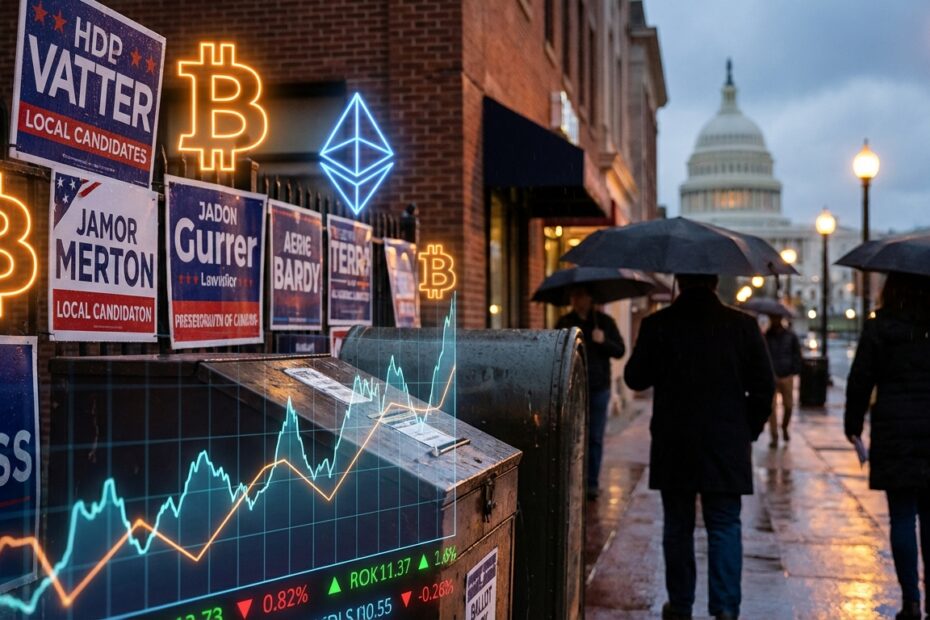 Símbolos de criptomoedas iluminados próximos a placas de campanha eleitoral americana e urnas de votação