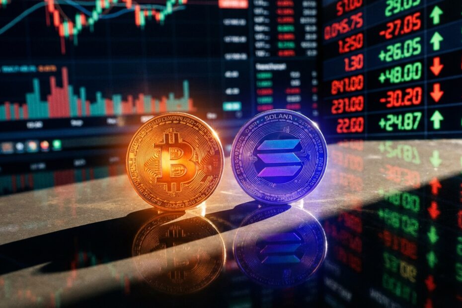 Moedas representativas de Bitcoin e Solana sobre mesa escura com gráficos financeiros fora de foco no fundo
