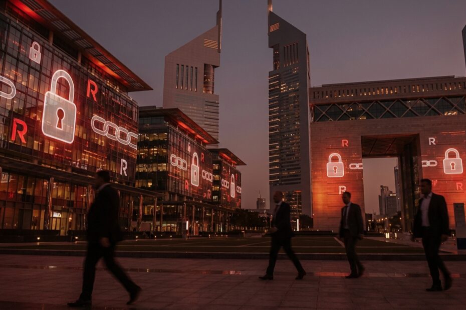 Skyline de Dubai com sobreposição conceitual de regulação financeira digital