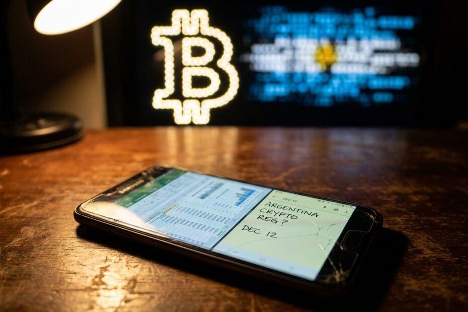 Celular com documentos financeiros em cima de uma mesa, com bandeira da Argentina e símbolos de criptomoeda desfocados ao fundo