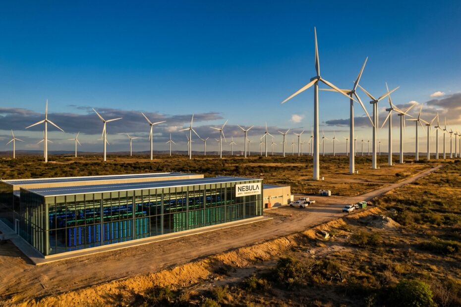 Turbinas eólicas gigantes integradas a uma instalação moderna de processamento de dados sob um céu azul