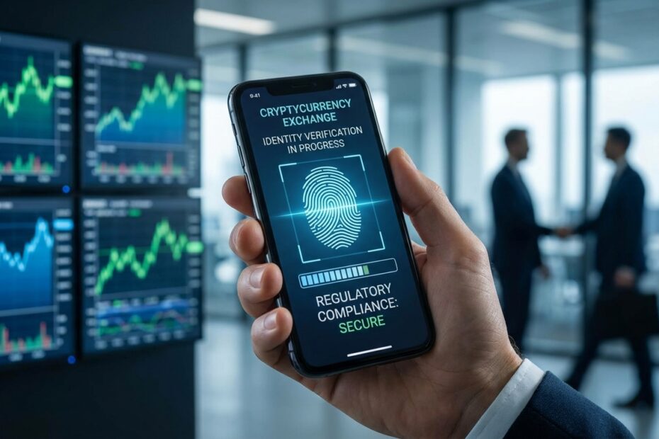 Smartphone com verificação biométrica em aplicativo de criptomoedas ilustrando o fim do anonimato