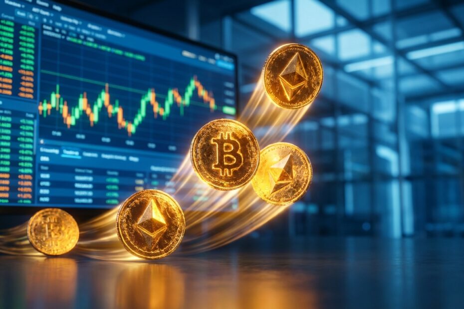 Ilustração realista de criptomoedas brilhando sobre um gráfico financeiro digital em ascensão