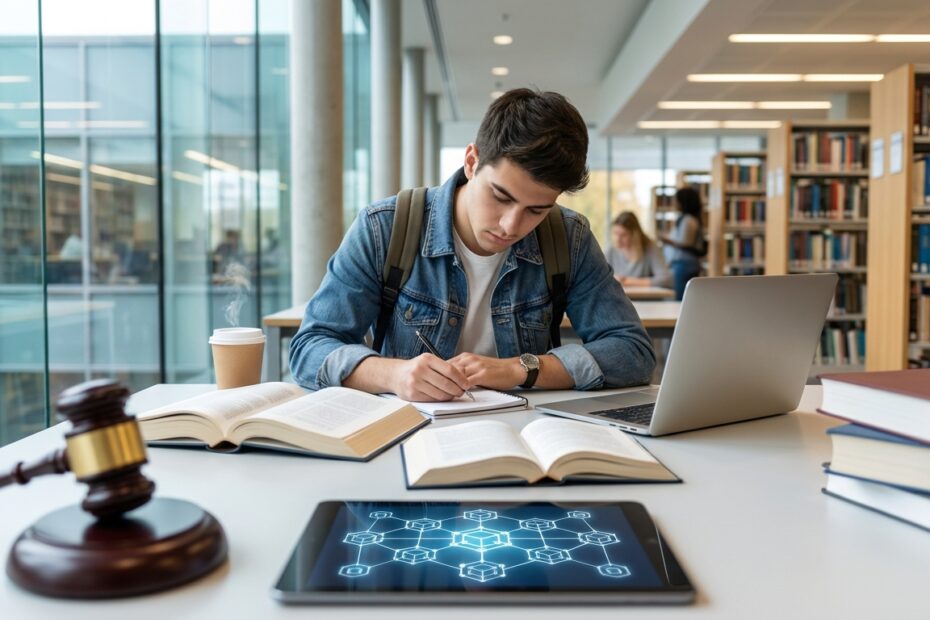 Elementos digitais de blockchain refletidos em um tablet ao lado de um martelo de juiz sobre uma mesa