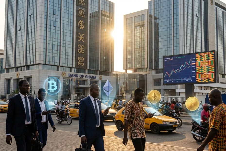 Ilustração realista mostrando o centro financeiro de Gana mesclado a símbolos de criptomoedas flutuantes em tons dourados