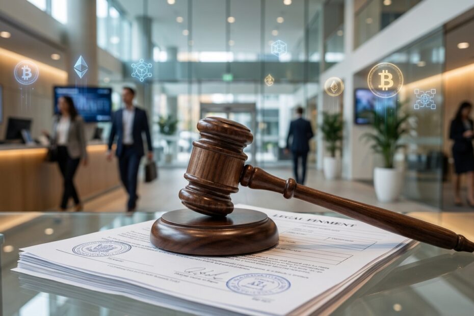 Martelo de juiz sobre documentos financeiros com moedas digitais e ambiente corporativo ao fundo