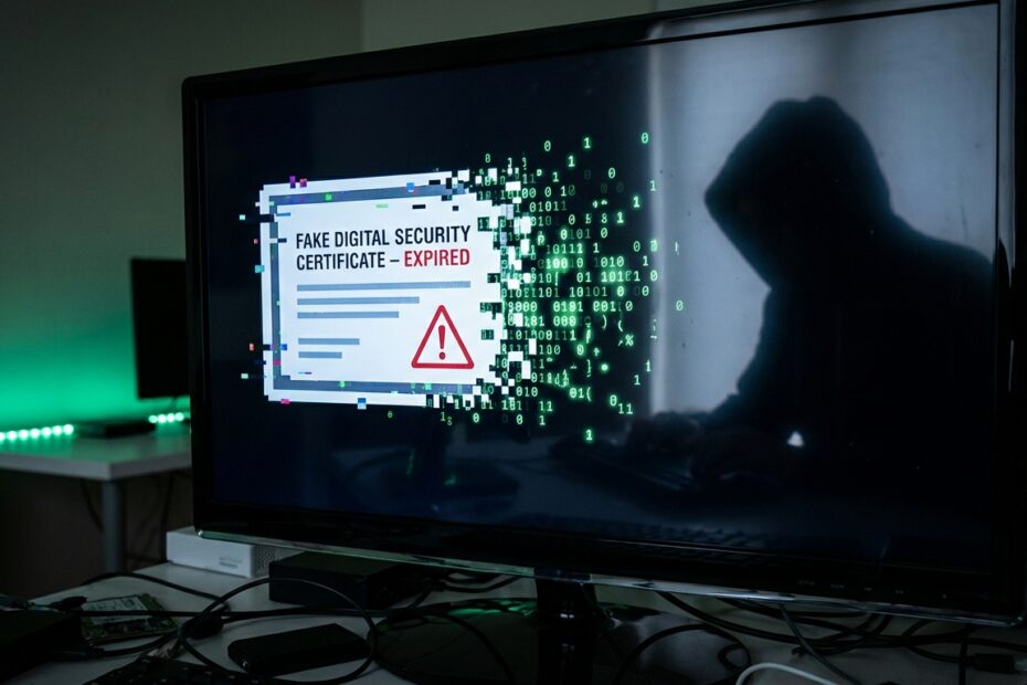 Tela de computador exibindo códigos maliciosos com reflexo de um cibercriminoso ao fundo