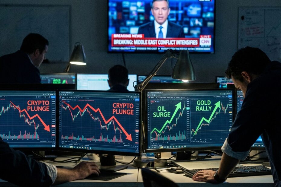 Telas de negociação financeira exibem gráficos de commodities em alta e criptomoedas em baixa com notícias de guerra ao fundo