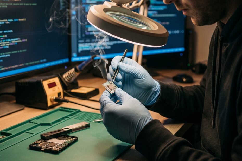 Mãos de um especialista trabalhando na placa de uma carteira de hardware desmontada