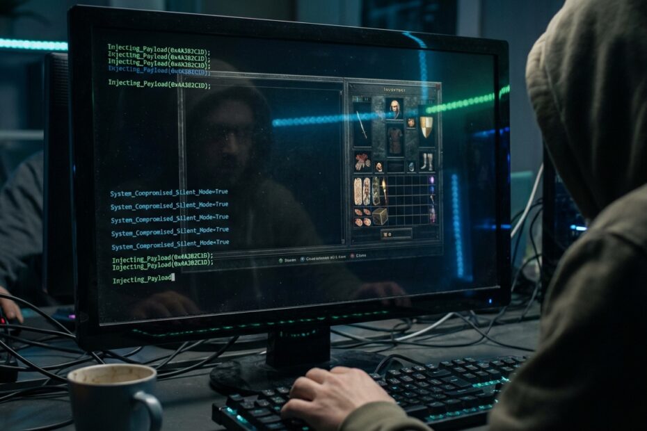 Tela de computador em ambiente escuro exibindo códigos maliciosos sobrepostos a um jogo de videogame