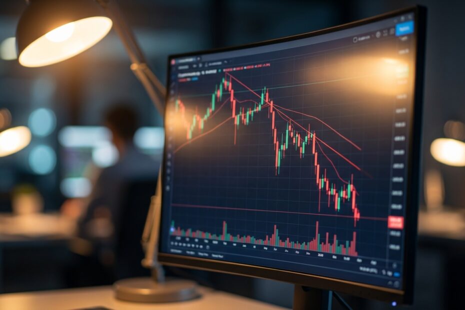 Gráfico de criptomoedas em tendência de baixa em monitor financeiro