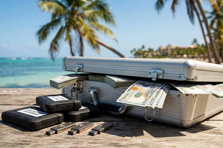 Mala aberta contendo notas de dólares, discos rígidos e chaves de segurança apreendida no Caribe