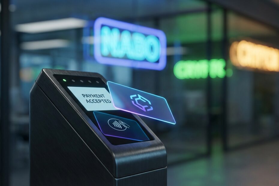 Terminal de pagamento moderno aceitando transação via cartão com tecnologia de criptomoedas
