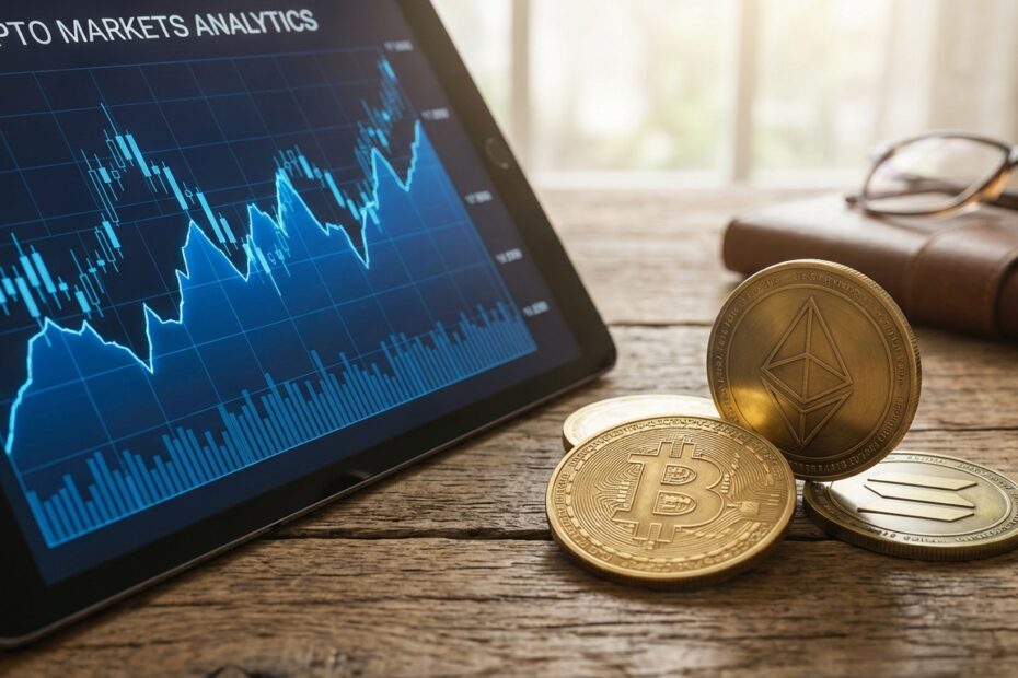 Tablet exibindo gráficos de criptomoedas com moedas físicas de Bitcoin e Ethereum sobre mesa de madeira