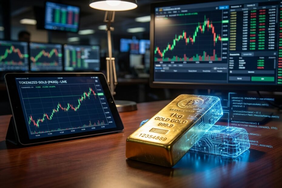 Barra de ouro física se fundindo com estrutura digital em ambiente de negociação financeira