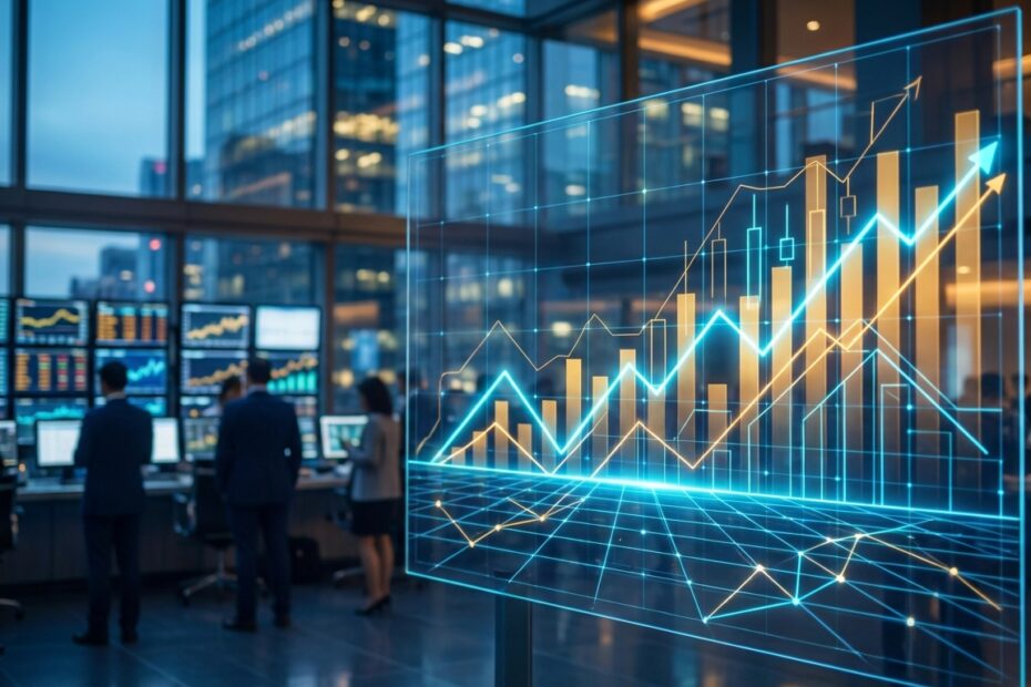 Gráficos financeiros ascendentes em azul e dourado representando a recuperação do mercado de criptomoedas