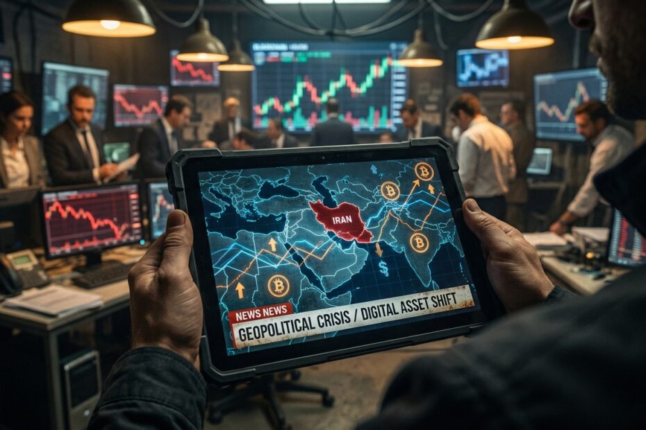 Gráficos de transações de criptomoedas sobrepostos a mapa do Oriente Médio indicando fluxo financeiro no Irã