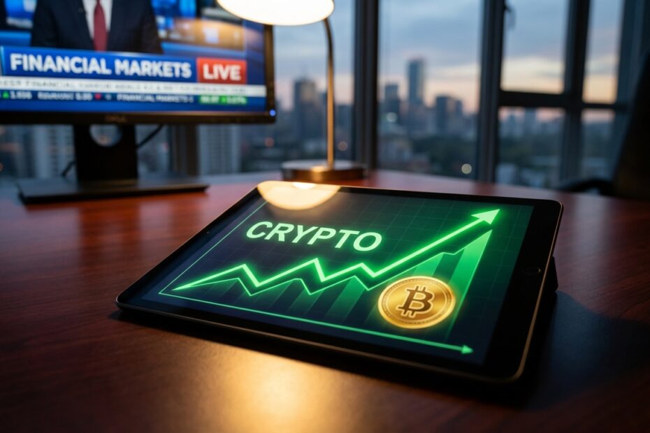 Gráfico de criptomoeda em ascensão exibido em tablet sobre mesa de escritório