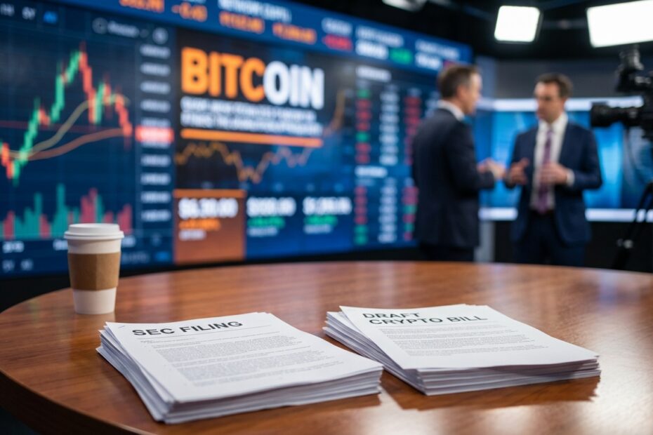 Documentos regulatórios da SEC sobre mesa com gráficos de Bitcoin ao fundo