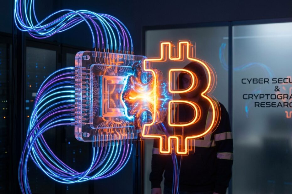 Ilustração realista de um processador quântico iluminado com o símbolo do Bitcoin